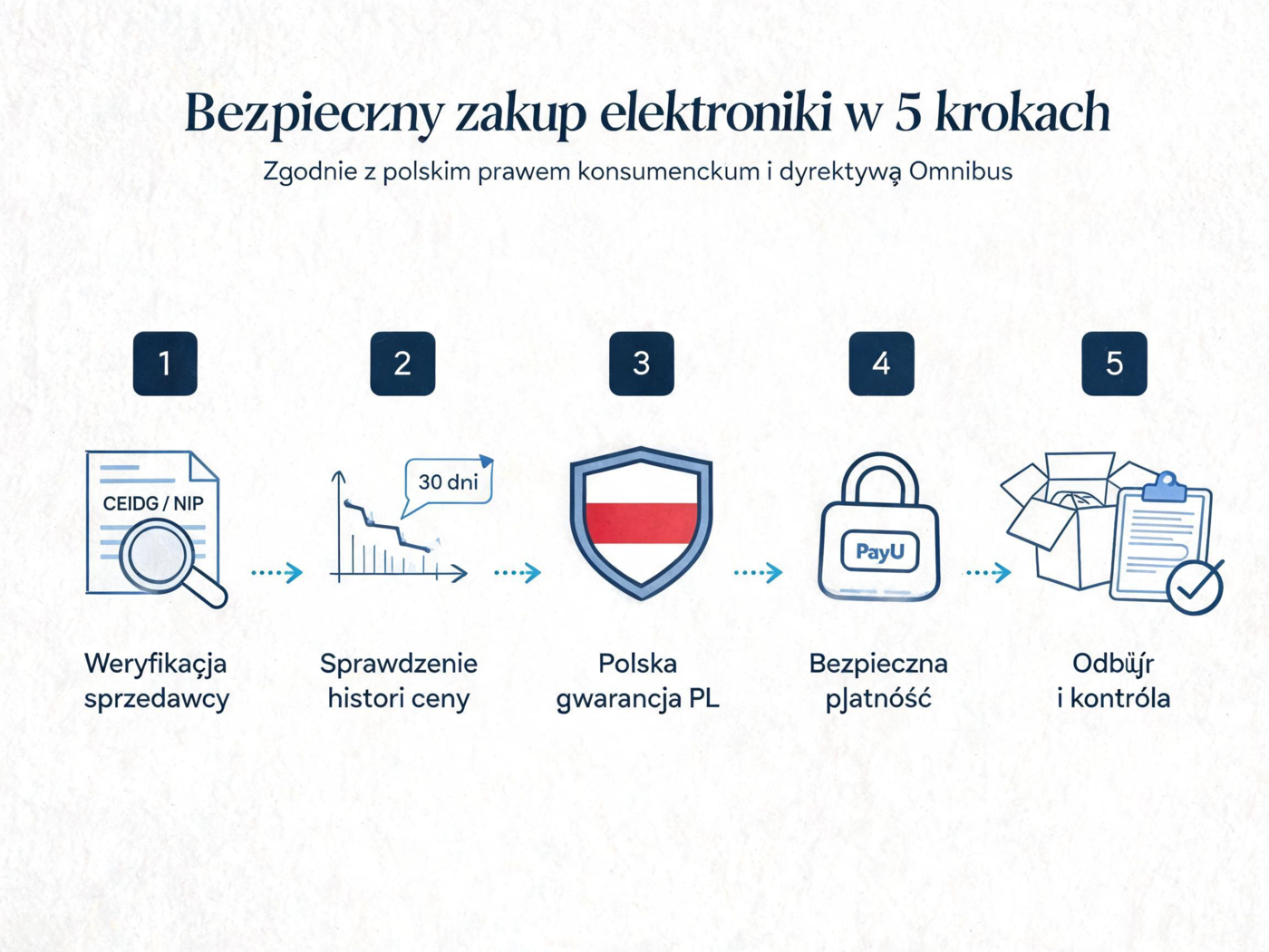 Schemat procesu zakupu elektroniki online z weryfikacją sprzedawcy